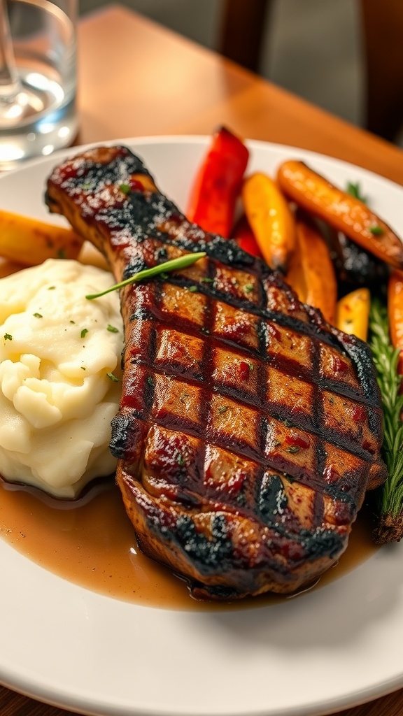 Elegant Steak Dinner with Sides An elegant steak dinner with ribeye steak, mashed potatoes, and roasted vegetables on a wooden table.
